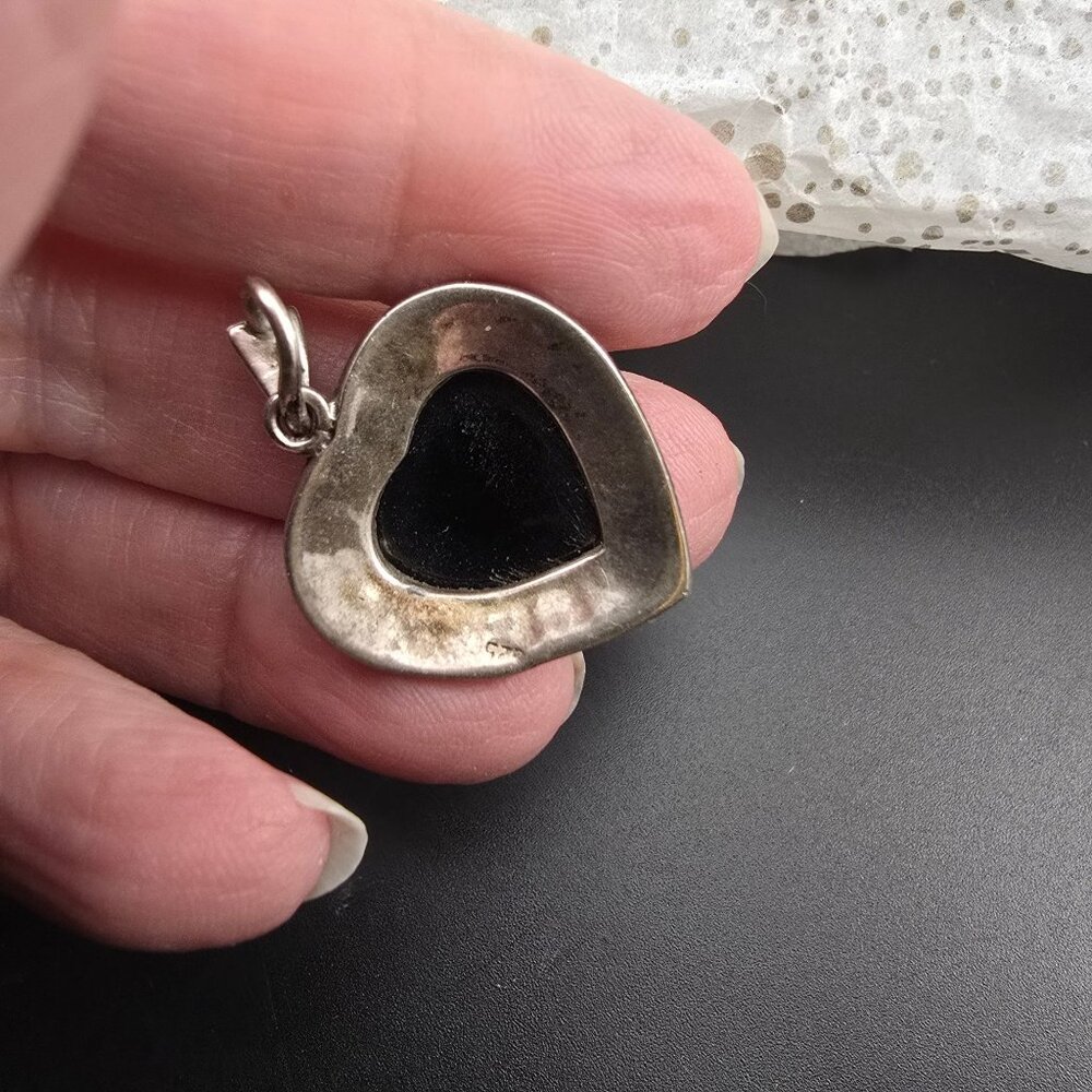 Vintage Heart-Shaped Pendant Marcasite 925 Sterling Silver Black Stone - Picture 11 of 11